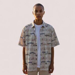 Magellan Mens Shirt Tan/Khaki Fish Design Short Sleeve Sz L